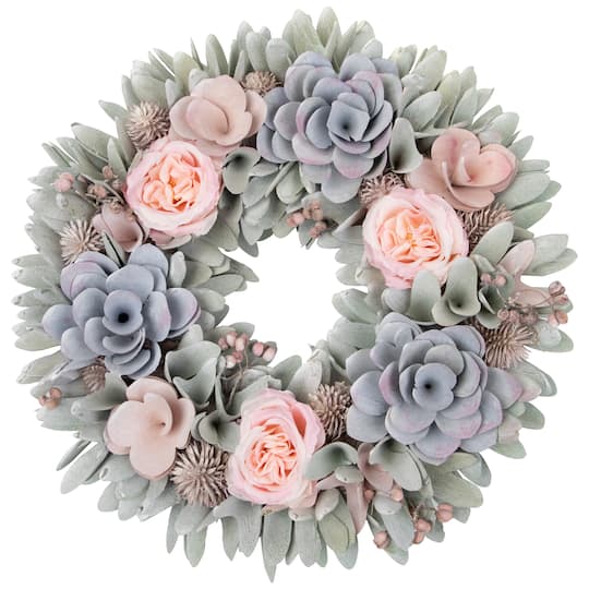 14" Roses & Thistle Artificial Spring Wooden Floral Wreath By Northlight in Pastel Blue/Pink | Michaels®